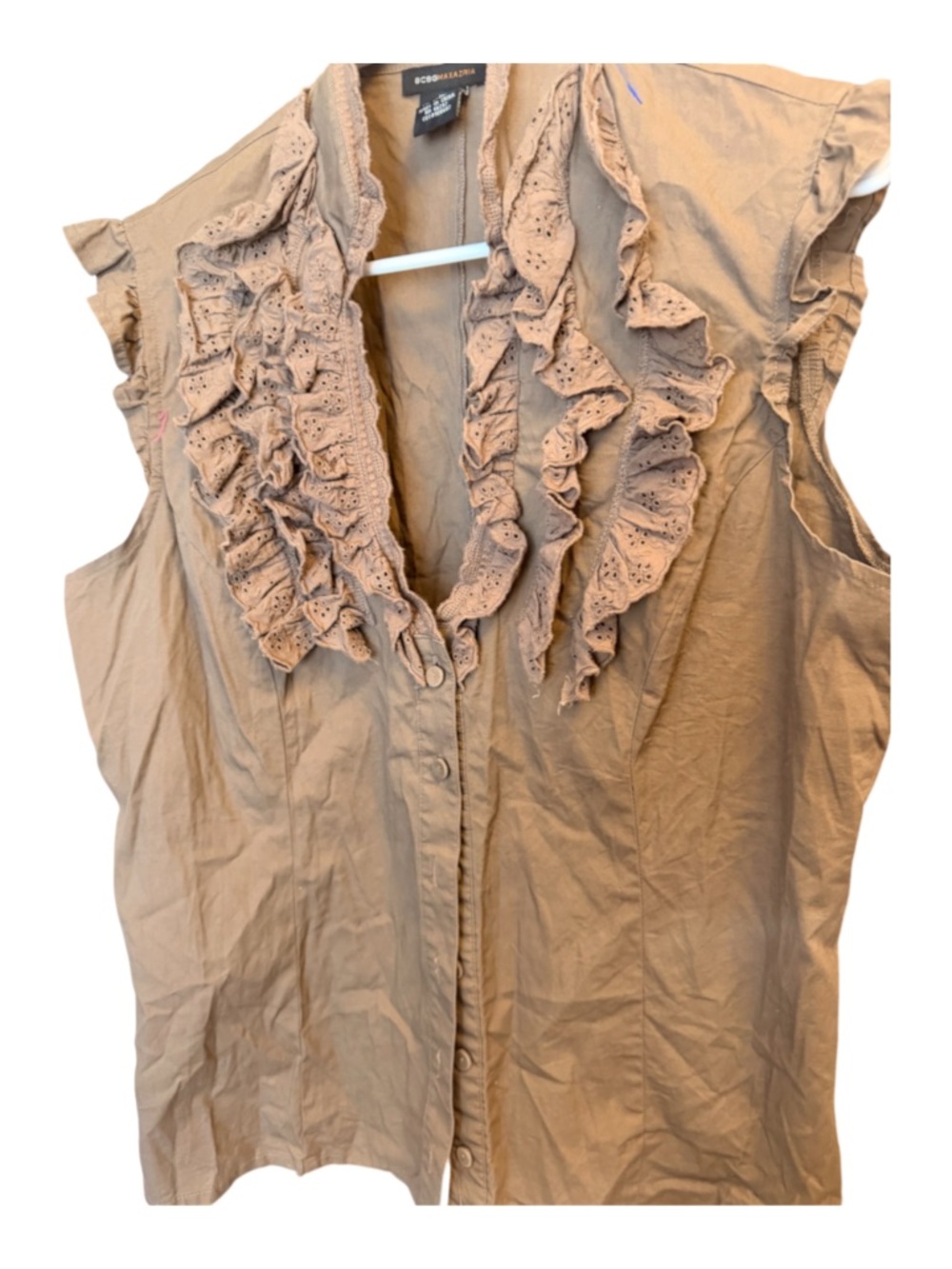 BCBGMaxAzria Ruffled Eyelet Front Sleeveless Blouse - Camel Tan